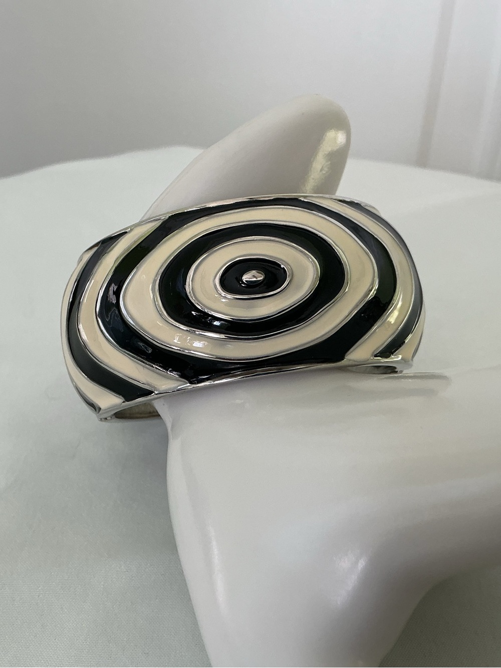 Vintage Black and Cream Spiral Enamel Cuff Bracelet